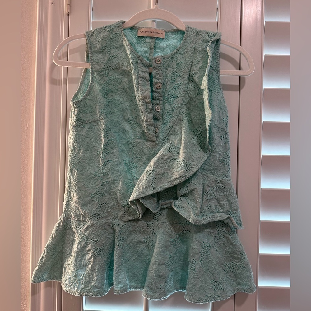 Purificación Garcia Sleeveless Top | teal embroidered | size 36 | EUC | ruffles